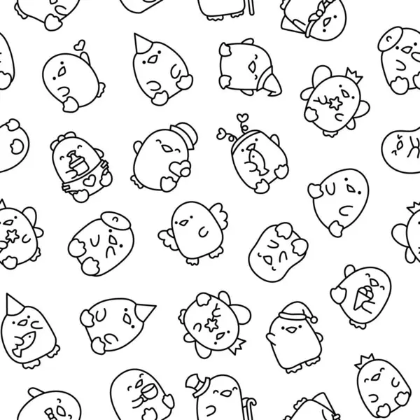 Roztomilý Kawaiský Tučňák Bezproblémový Vzorec Omalovánky Krásná Zvířata Kreslená Postava — Stockový vektor