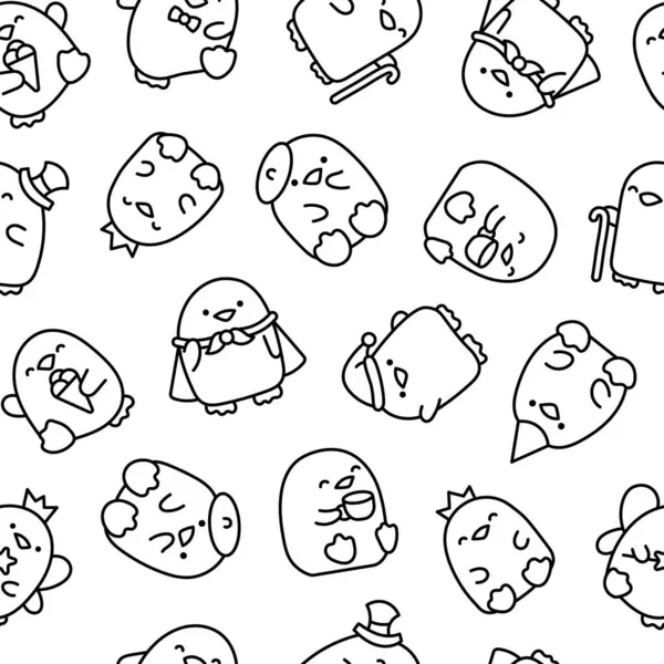 Симпатичный Пингвин Кавайи Бесшовный Шаблон Раскрашивание Страницы Мультипликационный Персонаж Ручной Лицензионные Стоковые Векторы