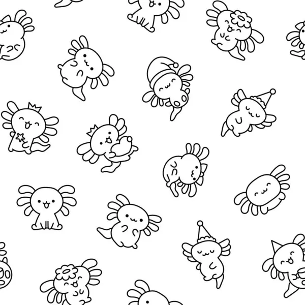 Cute Kawaii Little Axolotl Seamless Pattern Coloring Page Smiling Nice Vector Graphics
