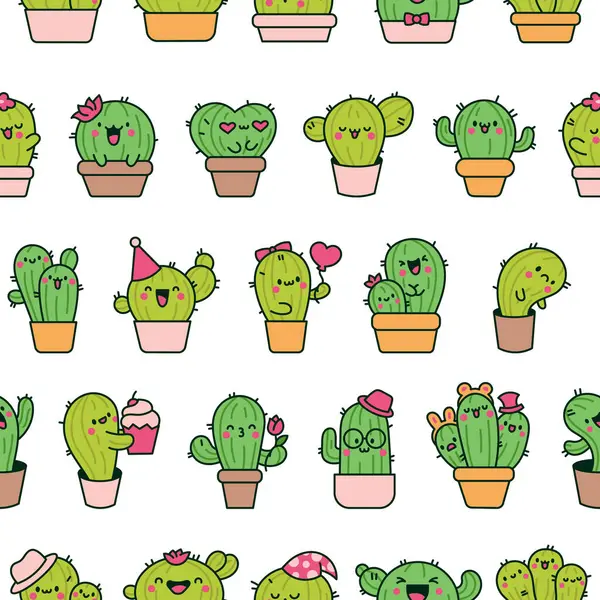 Cute Kawaii Cactus Seamless Pattern Funny Succulent Plant Happy Face Vector Graphics