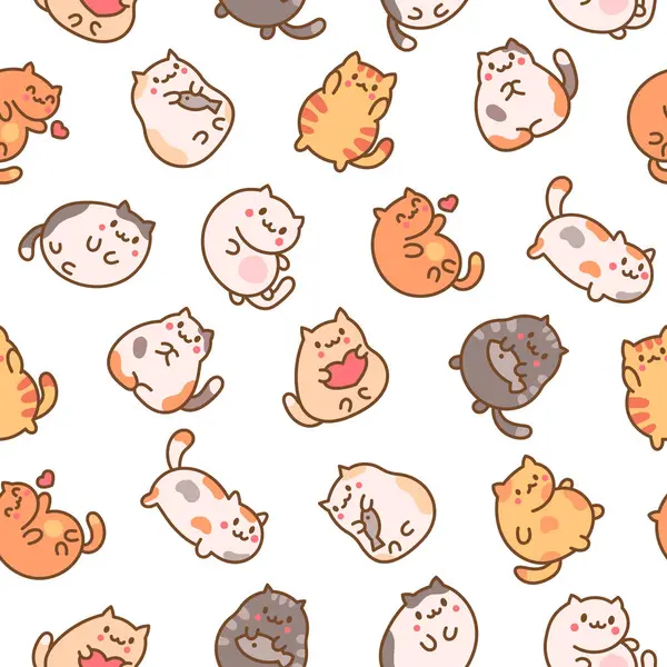 Cute Kawaii Little Cat Seamless Pattern Cartoon Funny Kitty Animals Stock Vector