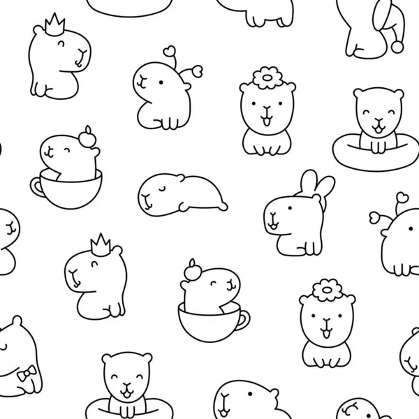 Roztomilý Karikatura Kawaii Capybara Bezproblémový Vzorec Omalovánky Zvláštní Zvířecí Postavy Stock Ilustrace