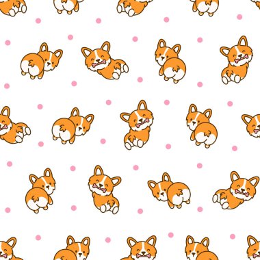 Şirin kawaii corgi sosisi. Kusursuz desen. Komik köpek yavrusu hayvan karakterleri. El çizimi stili. Vektör çizimi. Tasarım süslemeleri.
