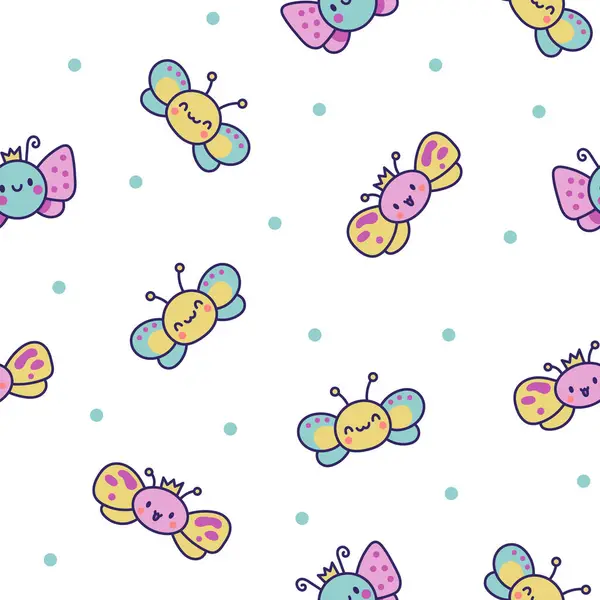 Lächelnder Kawaii Schmetterling Nahtloses Muster Niedlichen Karikatur Lustige Insekten Handgezeichneter Vektorgrafiken