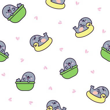 Şirin kawaii yavru fokları. Kusursuz desen. Komik çizgi film karakterleri Kuzey Kutbu ve Antarktika hayvanları. El çizimi stili. Vektör çizimi. Tasarım süslemeleri.