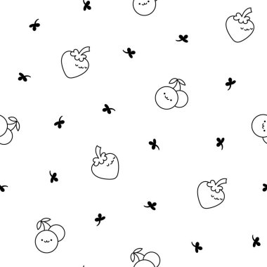 Kawaii çizgi film karakterleri. Kusursuz desen. Boyama sayfası. Şirin hayvanlar, doğa, sebzeler, meyveler, çiçekler. El çizimi stili. Vektör çizimi. Tasarım süslemeleri.