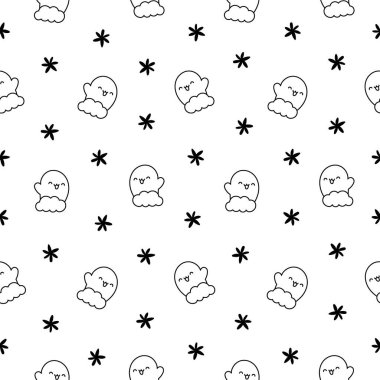 Çizgi film sevimli mutlu kawaii karakterleri. Kusursuz desen. Boyama sayfası. Yaşam tarzı. El çizimi stili. Vektör çizimi. Tasarım süslemeleri.