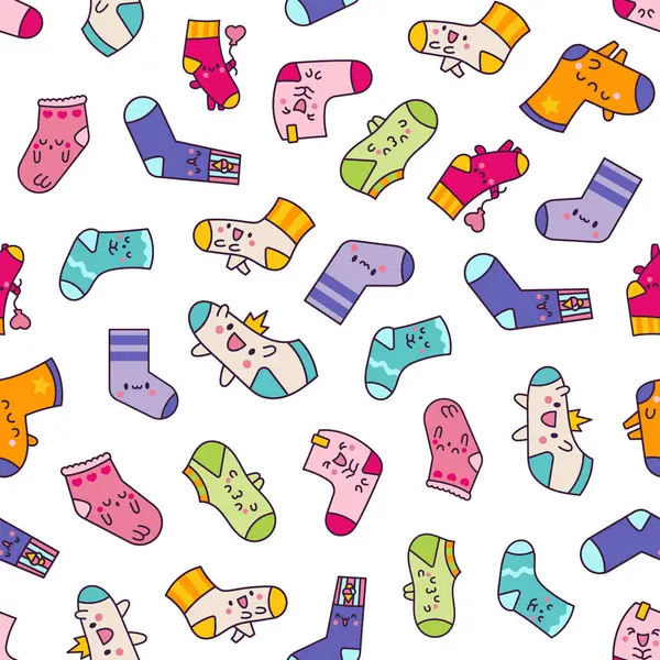 Cute Kawaii Socks Cartoon Character Different Textures Seamless Pattern Hand Telifsiz Stok Vektörler