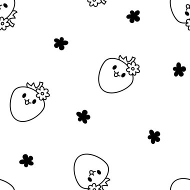 Sevimli, mutlu, çilek karakteri ifadesi. Kusursuz desen. Boyama sayfası. Kawaii çizgi film meyvesi. El çizimi stili. Vektör çizimi. Tasarım süslemeleri.