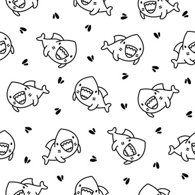 Komik kawaii okyanus köpekbalığı. Kusursuz desen. Boyama sayfası. Gülümseyen çeneler ve komik deniz hayvanları karakteri. El çizimi stili. Vektör çizimi. Tasarım süslemeleri.