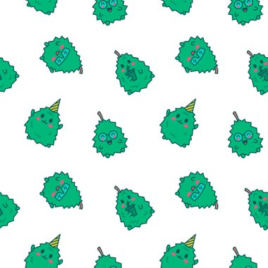 Sevimli mutlu Durian karakter simgesi. Kusursuz desen. Kawaii çizgi film meyvesi. El çizimi stili. Vektör çizimi. Tasarım süslemeleri.