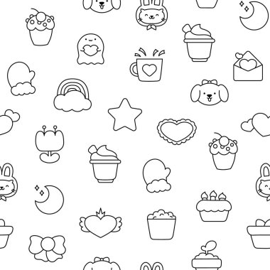 Mutlu bir yaşam tarzının güzel farklı unsurları ve karakterleri. Kusursuz desen. Boyama sayfası. El stili. Vektör çizimi. Tasarım süslemeleri.