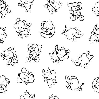 Tatlı çizgi film bebek fil karakterleri. Kusursuz desen. Boyama sayfası. Sevimli küçük Hint hayvanı. El çizimi stili. Vektör çizimi. Tasarım süslemeleri.