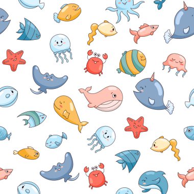 Çizgi filmdeki su hayvanları. Kusursuz desen. Balık karakterleri sualtı dünyası. Deniz hayatı. Vektör çizimi. Tasarım süslemeleri.