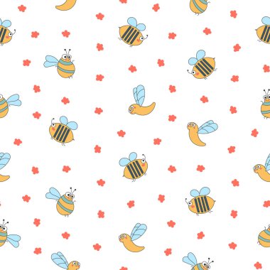 Sevimli böcek çizgi film karakterleri. Kusursuz desen. Komik küçük hayvanlar. Vektör çizimi. Tasarım süslemeleri.