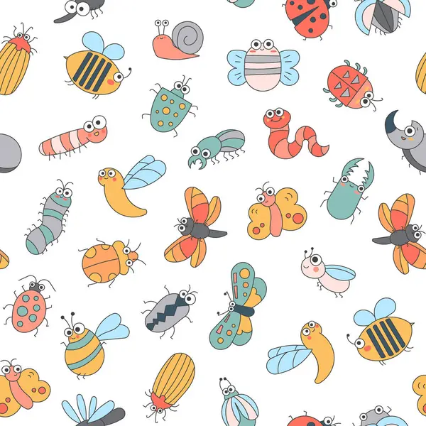 Cute Insects Cartoon Characters Seamless Pattern Funny Small Animals Vector Vector Graphics