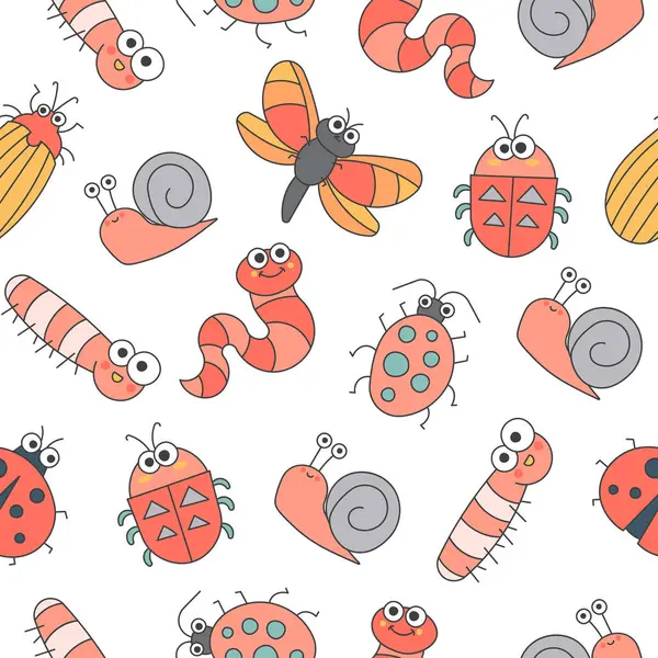 Cute Insects Cartoon Characters Seamless Pattern Funny Small Animals Vector Stock Vector
