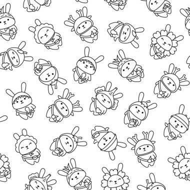 Çantalı sevimli kawaii tavşanı. Kusursuz desen. Boyama sayfası. Çizgi film karakteri. Komik tavşan. El çizimi stili. Vektör çizimi. Tasarım süslemeleri.