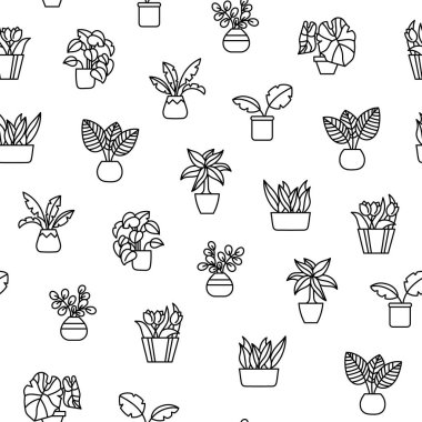 Saksıda ev bitkileri. Kusursuz desen. Boyama sayfası. Ev bitkileri. Yapraklı ve saplı kapalı alan çiçekleri. El çizimi stili. Vektör çizimi. Tasarım süslemeleri.