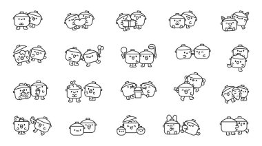 Birkaç tatlı tava. Boyama sayfası. Komik mutfak aletleri. El çizimi stili. Vektör çizimi. Tasarım elementlerinin koleksiyonu.