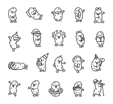 Neşeli salatalık karakteri. Boyama sayfası. Komik çizgi film. El çizimi stili. Vektör çizimi. Tasarım elementlerinin koleksiyonu.