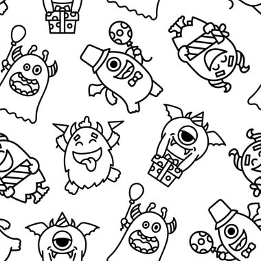 Kawaii şirin parti canavarları. Kusursuz desen. Boyama sayfası. Mutlu yıllar, komik uzaylı, karşılama pastası. El çizimi stili. Vektör çizimi. Tasarım süslemeleri.