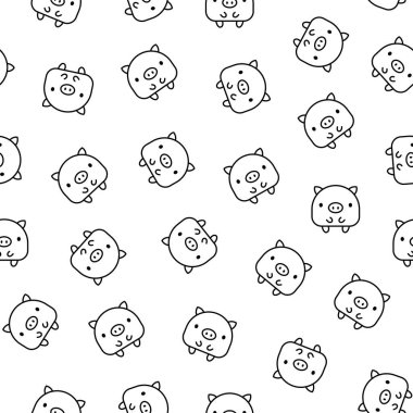 Şirin kawaii küçük domuz. Kusursuz desen. Boyama sayfası. Güzel bir çizgi film karakteri gibi gülümsüyor. El çizimi stili. Vektör çizimi. Tasarım süslemeleri.