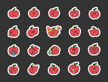 Şirin kawaii elması. Etiket Yer İmi. Komik çizgi film karakteri. El çizimi stili. Vektör çizimi. Tasarım elementlerinin koleksiyonu.