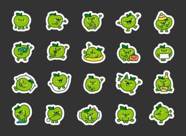 Neşeli elma karakteri. Etiket Yer İmi. Tatlı çizgi film meyvesi. El çizimi stili. Vektör çizimi. Tasarım elementlerinin koleksiyonu.