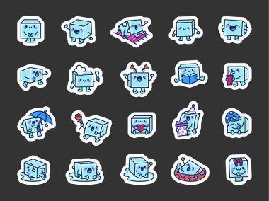 Neşeli buz küpü. Etiket Yer İmi. Komik ve sevimli bir karakter. El çizimi stili. Vektör çizimi. Tasarım elementlerinin koleksiyonu.