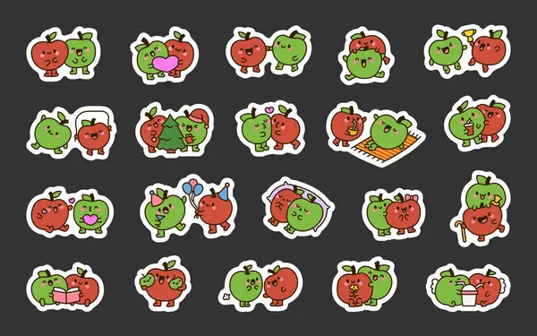 Couple Funny Apple Friends Sticker Bookmark Cute Cartoon Food Hand Royalty Free Stock Illustrations