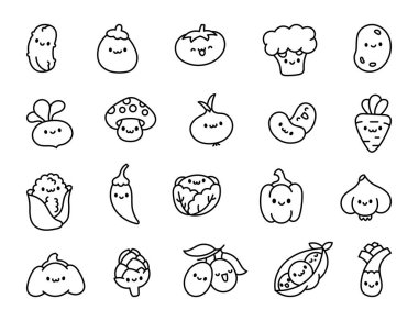 Komik sebzeler. Boyama sayfası. Kawaii karakteri. El çizimi stili. Vektör çizimi. Tasarım elementlerinin koleksiyonu.