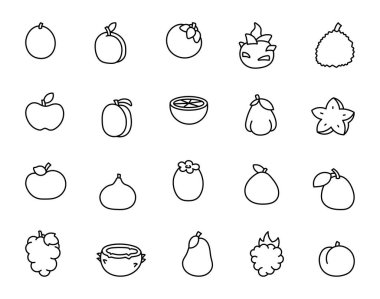 Sulu meyve ürünleri. Boyama sayfası. Egzotik yemekler. El çizimi stili. Vektör çizimi. Tasarım elementlerinin koleksiyonu.