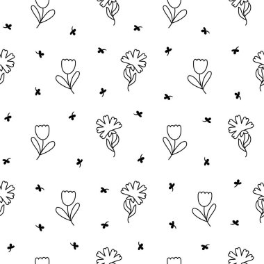 Yapraklı bahar çiçekleri. Kusursuz desen. Boyama sayfası. Botanik yaprağı. El çizimi stili. Vektör çizimi. Tasarım süslemeleri.