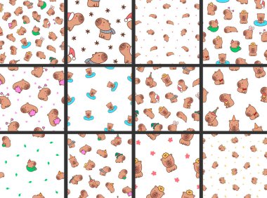 Tatlı çizgi film kawaii capybara. Kusursuz desen. Hayvani komik karakterler. El çizimi stili. Vektör çizimi. Tasarım süslemeleri koleksiyonu.