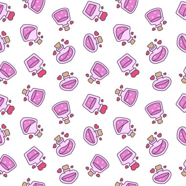 Aşk iksiri. Kusursuz desen. Kalbi olan durdurulmuş cam ampul. Afrodizyak şişesi. Sevgililer Günü. El çizimi stili. Vektör çizimi. Tasarım süslemeleri.