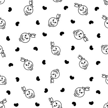 Kawaii yaban mersini çizgi film karakteri. Kusursuz desen. Boyama sayfası. Farklı duygularda tatlı meyveler. El çizimi stili. Vektör çizimi. Tasarım süslemeleri.