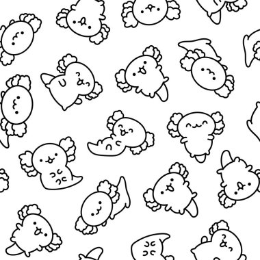 Şirin kawaii bebek axolotl. Kusursuz desen. Boyama sayfası. Çizgi film komik hayvan karakteri. El çizimi stili. Vektör çizimi. Tasarım süslemeleri.