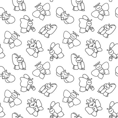 Sevimli Kawaii bebek kelebekleri. Kusursuz desen. Boyama sayfası. Kanatlı sevimli çizgi film böcekleri. El çizimi stili. Vektör çizimi. Tasarım süslemeleri.