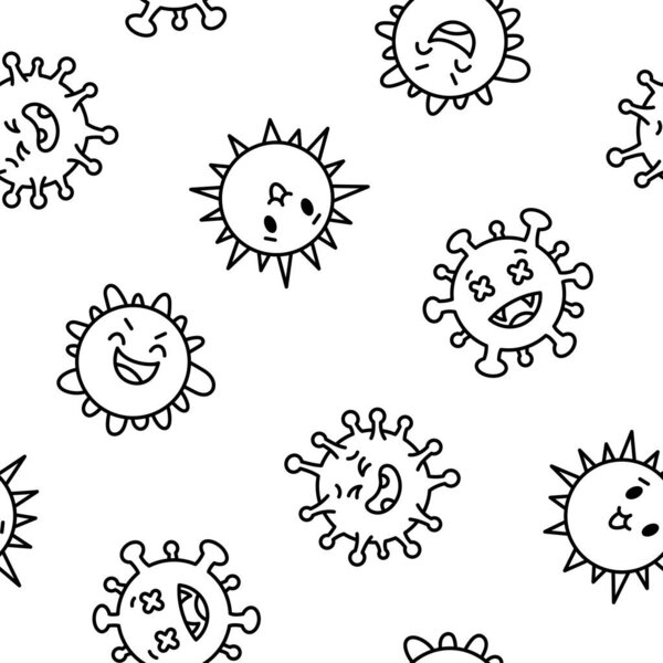 Вирусы Кавайи. Бесшовный шаблон. Раскрашивание страницы. Симпатичные мультяшные персонажи бактериальной инфекции и микробов. Ручной стиль. Векторный рисунок. Дизайн орнаментов.