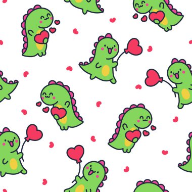 Şirin gülümseyen kawaii dinozoru. Kusursuz desen. Çizgi film komik dino karakterleri. El çizimi stili. Vektör çizimi. Tasarım süslemeleri.