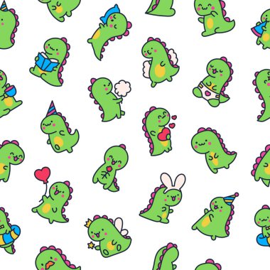 Şirin gülümseyen kawaii dinozoru. Kusursuz desen. Çizgi film komik dino karakterleri. El çizimi stili. Vektör çizimi. Tasarım süslemeleri.