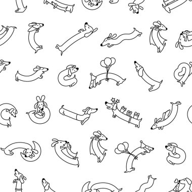 Tatlı çizgi film, uzun dachshund köpeği. Kusursuz desen. Boyama sayfası. Yavru köpek kuyruğunu sallıyor. Komik evcil hayvan karakteri. El çizimi stili. Vektör çizimi. Tasarım süslemeleri.