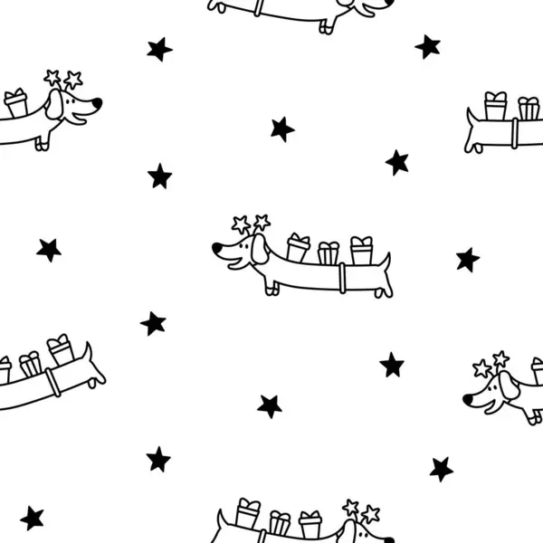 Cute Cartoon Long Dachshund Dog Seamless Pattern Coloring Page Puppy Gráficos De Vetores