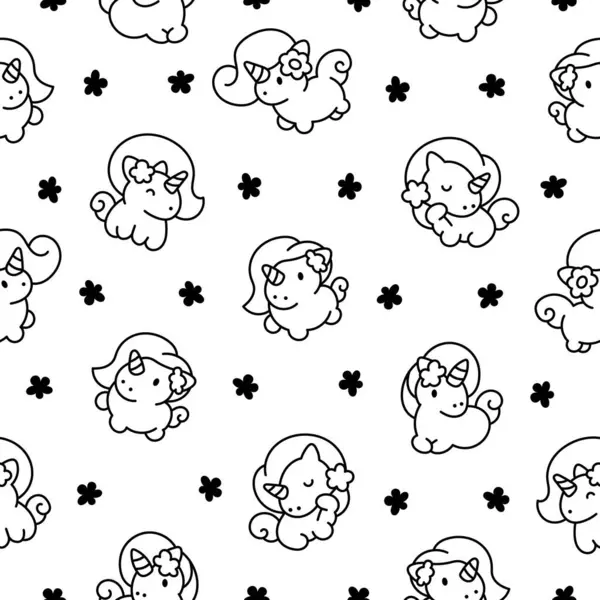 Cute Kawaii Little Unicorn Seamless Pattern Coloring Page Fairy Tale Ilustrações De Stock Royalty-Free