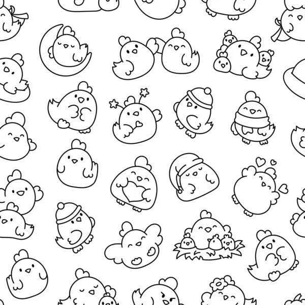 Cute Kawaii Chicken Seamless Pattern Coloring Page Cartoon Farm Birds Grafiche Vettoriali