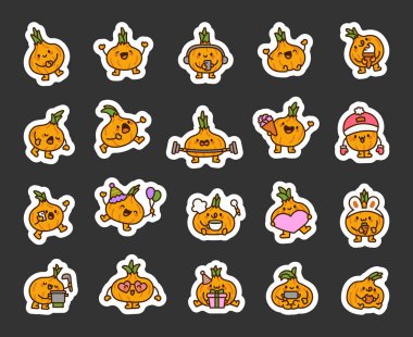 Eğlenceli soğan karakteri. Etiket Yer İmi. Çekici çizgi film kahramanı. El çizimi stili. Vektör çizimi. Tasarım elementlerinin koleksiyonu.