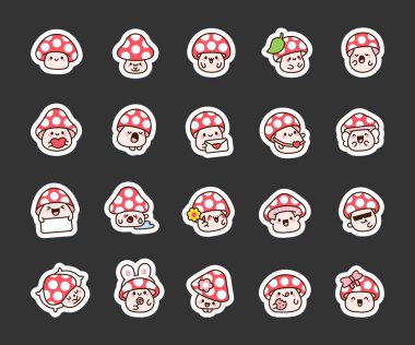 Şirin kawaii mantarı. Etiket Yer İmi. Çizgi film karakteri. El çizimi stili. Vektör çizimi. Tasarım elementlerinin koleksiyonu.