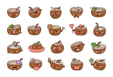 Gülen tatlı kawaii hindistan cevizi kokteyli. Çizgi film karakteri. El çizimi stili. Vektör çizimi. Tasarım elementlerinin koleksiyonu.