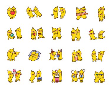 Neşeli muz karakterleri. Komik meyve kahramanları. El çizimi stili. Vektör çizimi. Tasarım elementlerinin koleksiyonu.